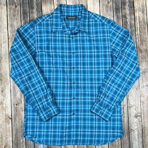 Bluffworks Long Sleeve Button Shirt Large Men Blue Plaid Hidden Pocket Polyester